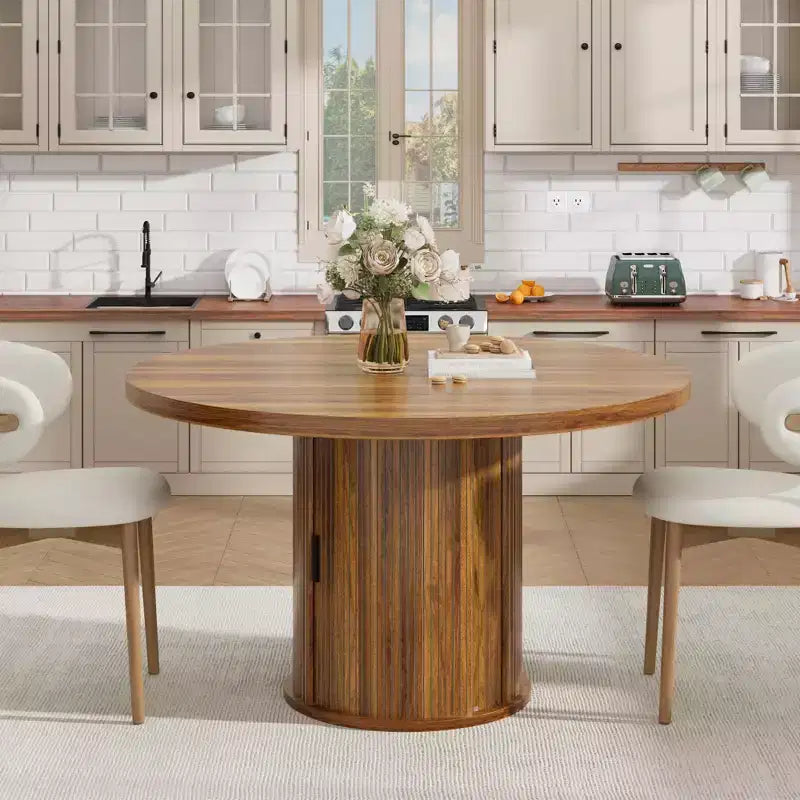 Table à manger ronde 47" pour 4 personnes avec étagère de rangement et tiroir - Table circulaire de style rustique avec portes coulissantes, bois naturel, salon