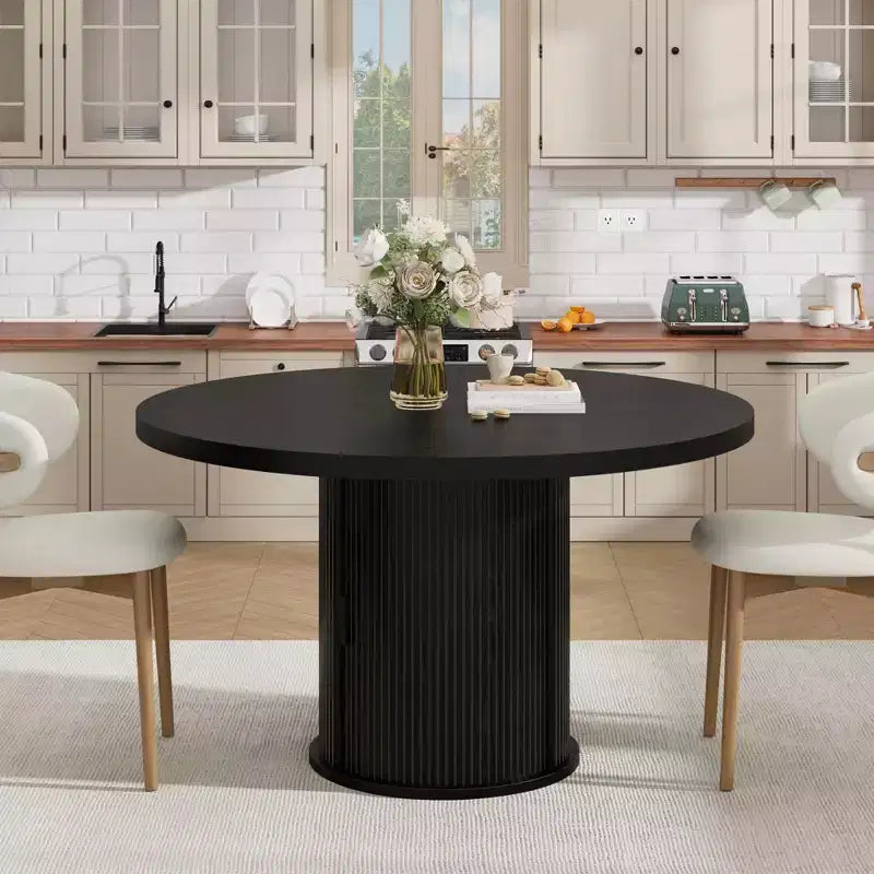 Table à manger ronde 47" pour 4 personnes avec étagère de rangement et tiroir - Table circulaire de style rustique avec portes coulissantes, bois naturel, salon
