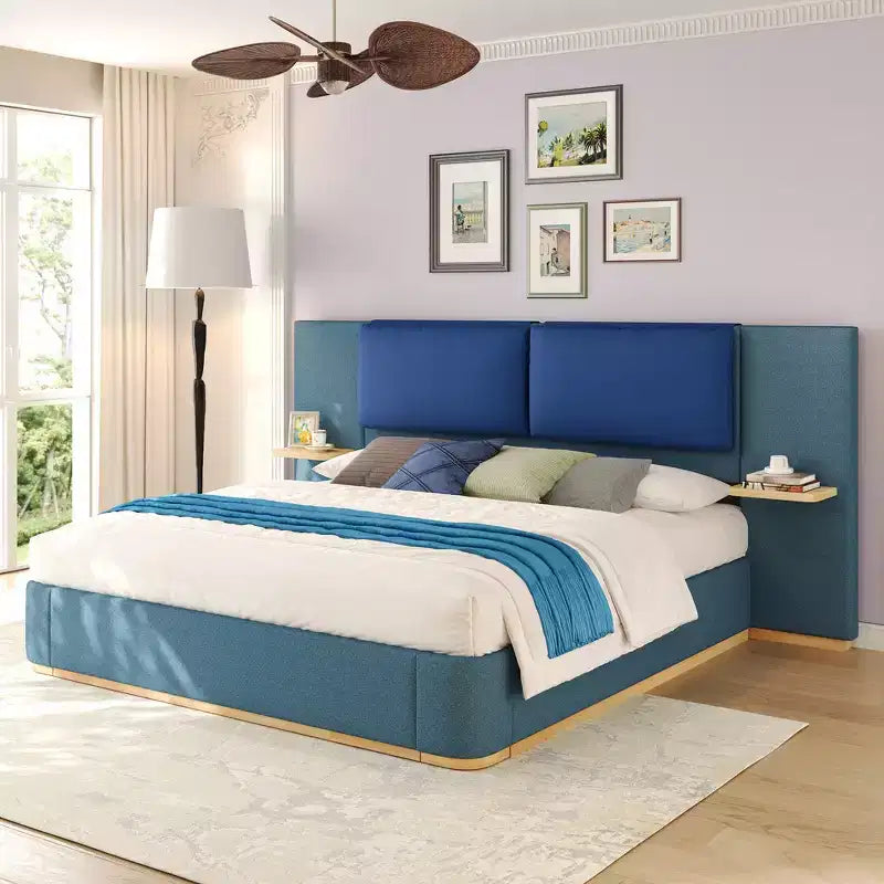 Whisen King Size Upholstered Platform Bed Frame with Side Storage Shelves, with Soft PU Headboard and Panel, Anti-Collision, Easy Assembly