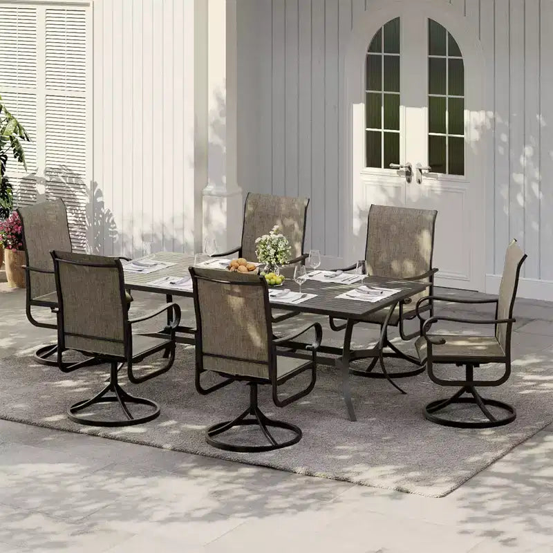 Ensemble de 2 chaises de jardin coulissantes. Chaises de salle à manger en textilène avec cadre en métal noir. Mobilier d'extérieur toutes saisons à dossier haut pour terrasse et véranda. Marron.