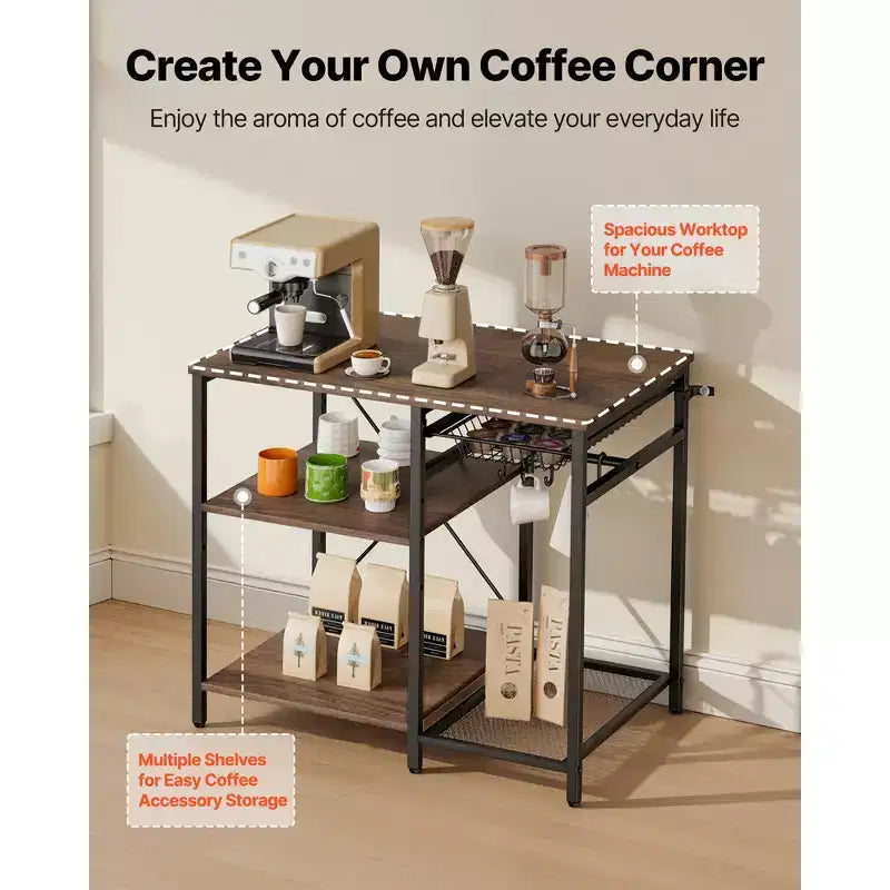 Étagère de Cuisine VEVOR, Étagère de Boulangerie de 35,4 Pouces de Large, Support de Cuisine avec Barre de Soutien en X, 5 Crochets en S, Étagère de Rangement Multi-Niveaux, Noir et Marron