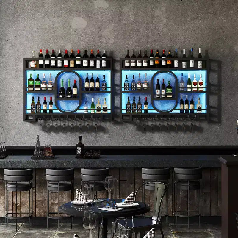 Bekrvio 39/47 Casier à vin mural, Étagères flottantes en métal avec porte-verres à vin, Étagère à liqueur industrielle pour bar à domicile, cuisine, salle à manger