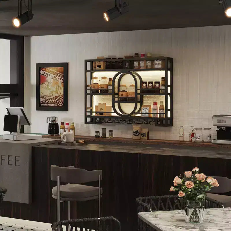Bekrvio 39/47 Casier à vin mural, Étagères flottantes en métal avec porte-verres à vin, Étagère à liqueur industrielle pour bar à domicile, cuisine, salle à manger