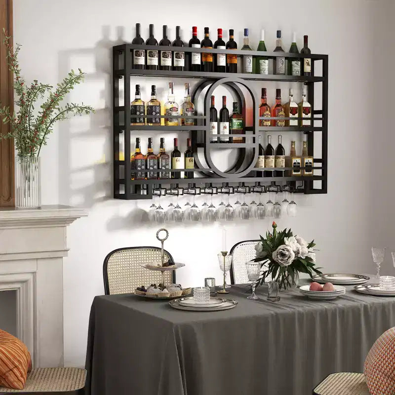 Bekrvio 39/47 Casier à vin mural, Étagères flottantes en métal avec porte-verres à vin, Étagère à liqueur industrielle pour bar à domicile, cuisine, salle à manger