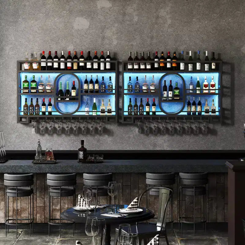 Bekrvio 39/47 Casier à vin mural, Étagères flottantes en métal avec porte-verres à vin, Étagère à liqueur industrielle pour bar à domicile, cuisine, salle à manger