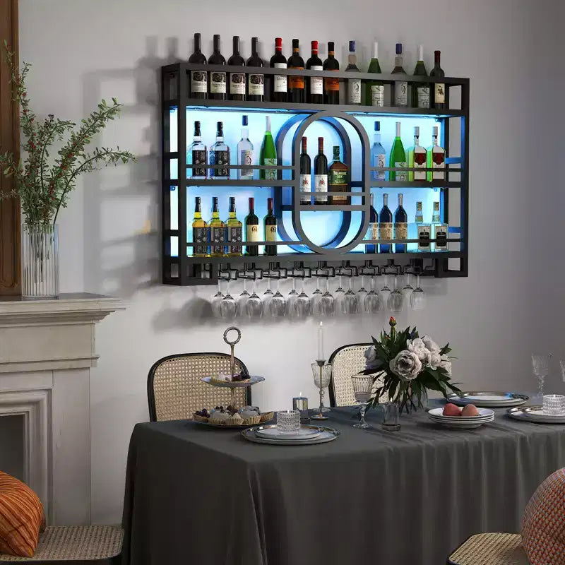 Bekrvio 39/47 Casier à vin mural, Étagères flottantes en métal avec porte-verres à vin, Étagère à liqueur industrielle pour bar à domicile, cuisine, salle à manger