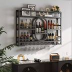 Bekrvio 39/47 Wall Mounted Wine Rack, Metal Floating Bar Shelves with Wine Glass Holder, Industrial Liquor Shelf for Home Bar Kitchen Dining