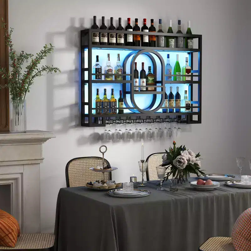 Bekrvio 39/47 Casier à vin mural, Étagères flottantes en métal avec porte-verres à vin, Étagère à liqueur industrielle pour bar à domicile, cuisine, salle à manger