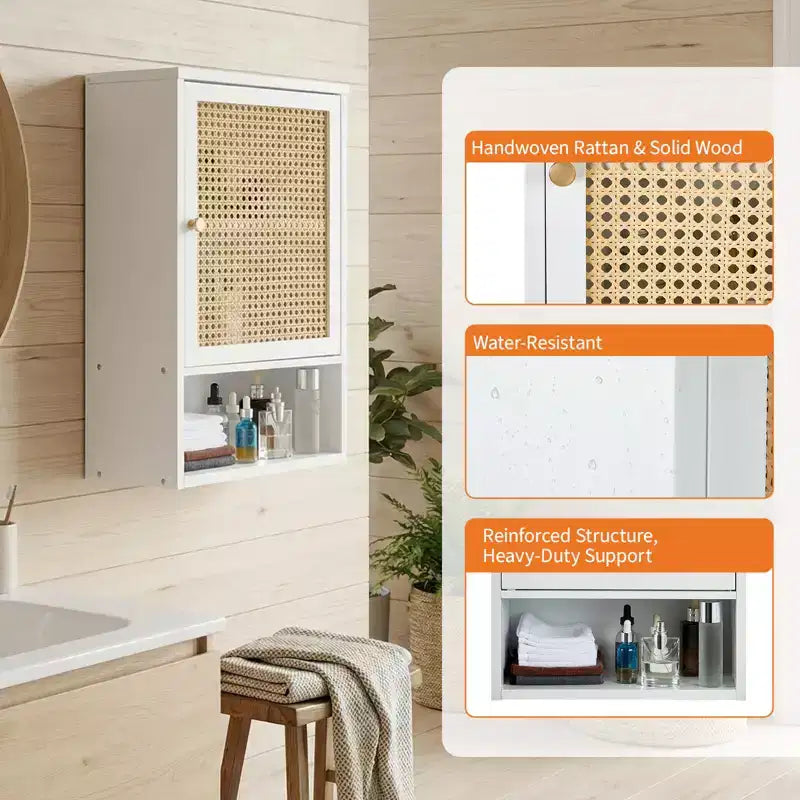 Meuble Haut de Salle de Bain en Bambou avec Portes en Rotin - Armoire à Pharmacie avec Étagère Réglable et Organiseur de Rangement Gain de Place pour WC