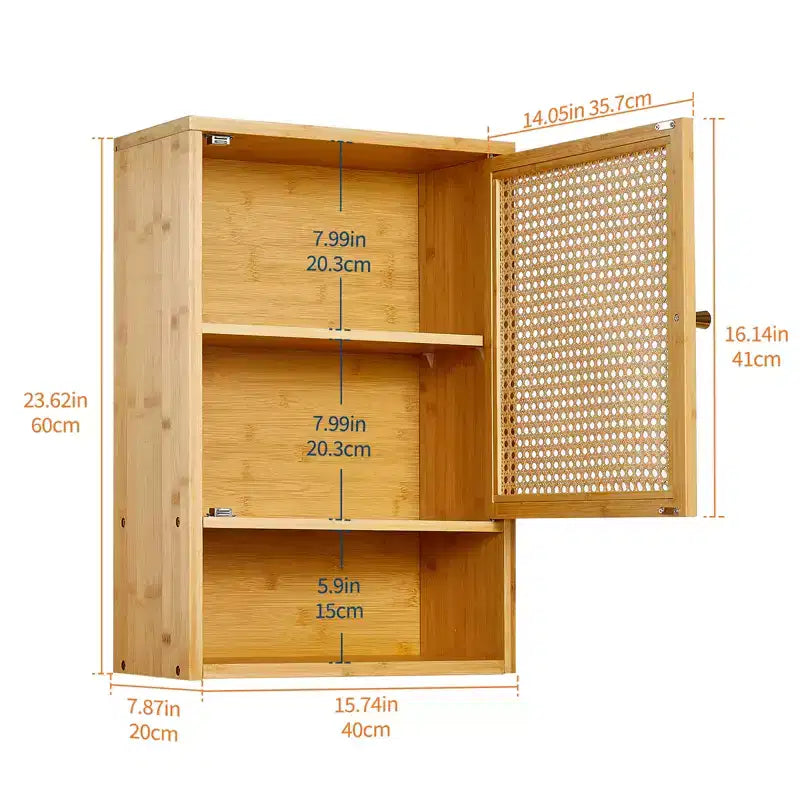 Meuble Haut de Salle de Bain en Bambou avec Portes en Rotin - Armoire à Pharmacie avec Étagère Réglable et Organiseur de Rangement Gain de Place pour WC