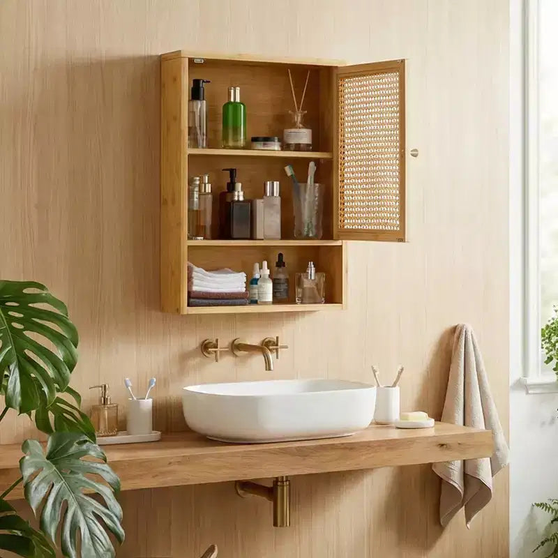 Meuble Haut de Salle de Bain en Bambou avec Portes en Rotin - Armoire à Pharmacie avec Étagère Réglable et Organiseur de Rangement Gain de Place pour WC