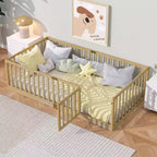 Clihome Rubber Wood Floor Bed with High Fence Guardrails & Door (Includes 6 Slats)