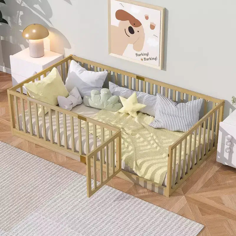 Clihome Rubber Wood Floor Bed with High Fence Guardrails & Door (Includes 6 Slats)