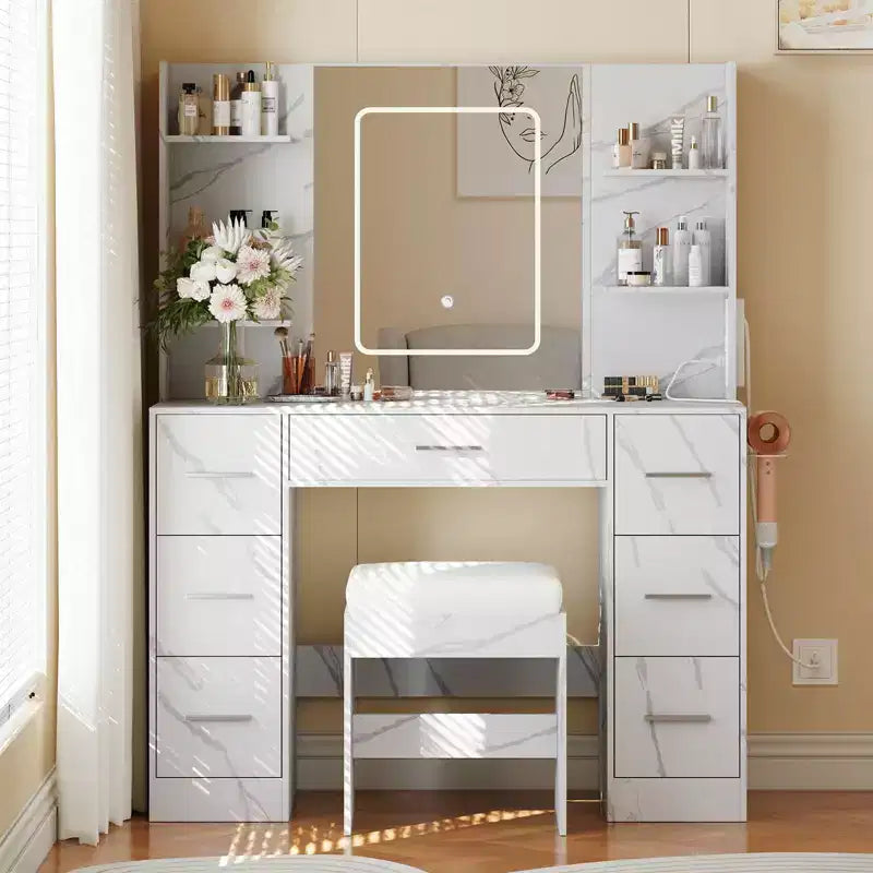 Coiffeuse GustoWave 43 avec miroir et lumière LED, 7 tiroirs, étagères, support pour sèche-cheveux, table de maquillage pour chambre à coucher