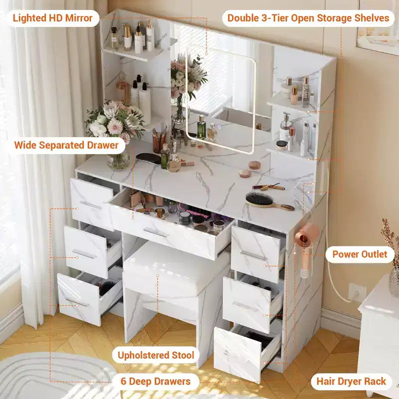 Coiffeuse GustoWave 43 avec miroir et lumière LED, 7 tiroirs, étagères, support pour sèche-cheveux, table de maquillage pour chambre à coucher