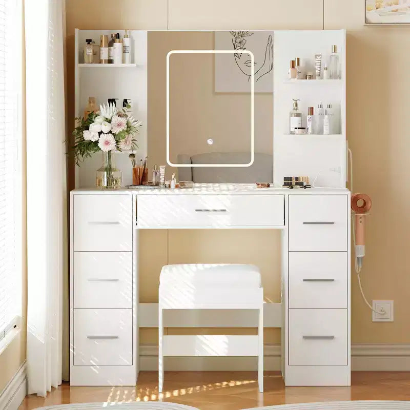 Coiffeuse GustoWave 43 avec miroir et lumière LED, 7 tiroirs, étagères, support pour sèche-cheveux, table de maquillage pour chambre à coucher