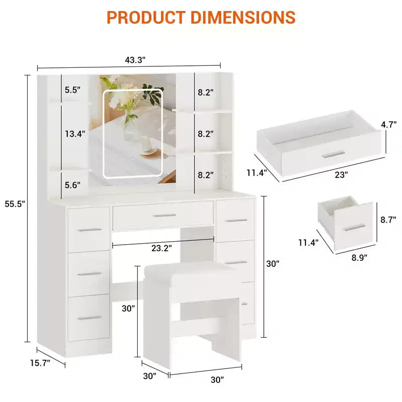 Coiffeuse GustoWave 43 avec miroir et lumière LED, 7 tiroirs, étagères, support pour sèche-cheveux, table de maquillage pour chambre à coucher