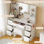 Coiffeuse GustoWave 43 avec miroir et lumière LED, 7 tiroirs, étagères, support pour sèche-cheveux, table de maquillage pour chambre à coucher