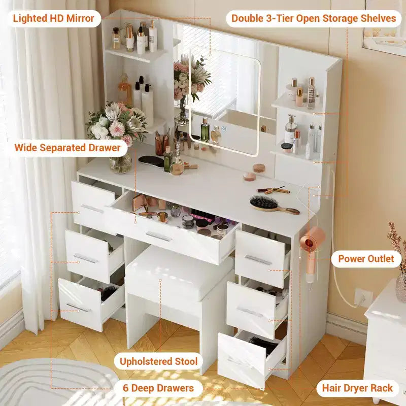 Coiffeuse GustoWave 43 avec miroir et lumière LED, 7 tiroirs, étagères, support pour sèche-cheveux, table de maquillage pour chambre à coucher