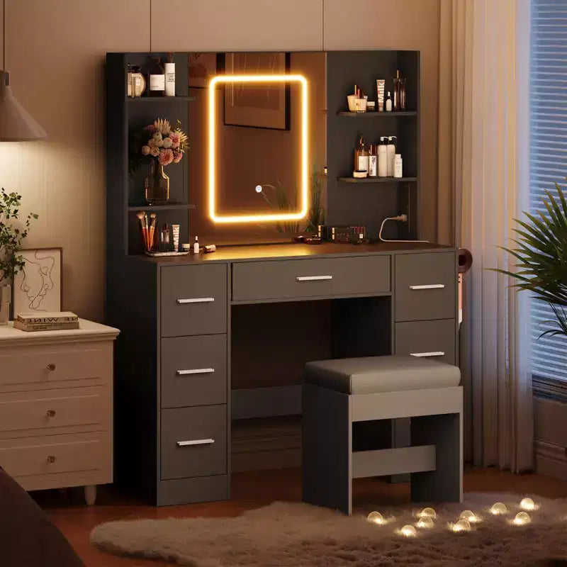 Coiffeuse GustoWave 43 avec miroir et lumière LED, 7 tiroirs, étagères, support pour sèche-cheveux, table de maquillage pour chambre à coucher