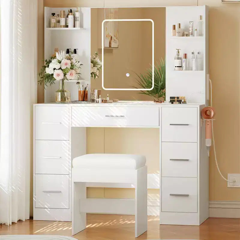 Coiffeuse GustoWave 43 avec miroir et lumière LED, 7 tiroirs, étagères, support pour sèche-cheveux, table de maquillage pour chambre à coucher