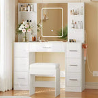 Coiffeuse GustoWave 43 avec miroir et lumière LED, 7 tiroirs, étagères, support pour sèche-cheveux, table de maquillage pour chambre à coucher