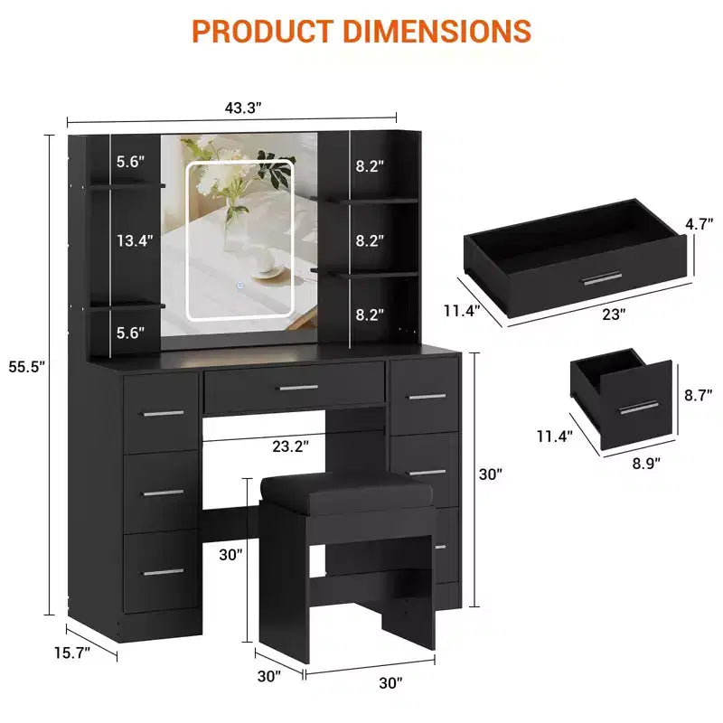 Coiffeuse GustoWave 43 avec miroir et lumière LED, 7 tiroirs, étagères, support pour sèche-cheveux, table de maquillage pour chambre à coucher