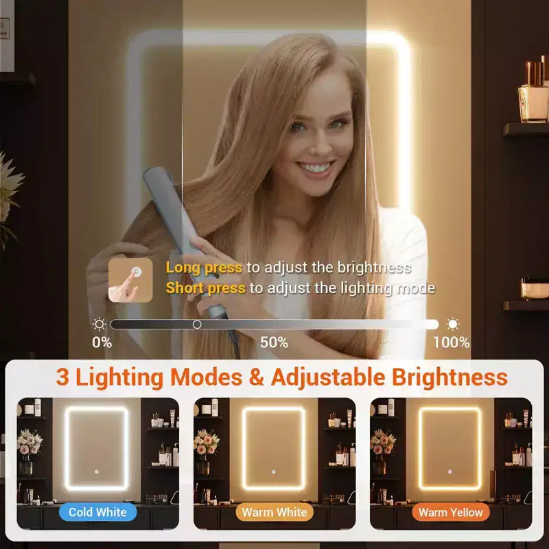 Coiffeuse GustoWave 43 avec miroir et lumière LED, 7 tiroirs, étagères, support pour sèche-cheveux, table de maquillage pour chambre à coucher