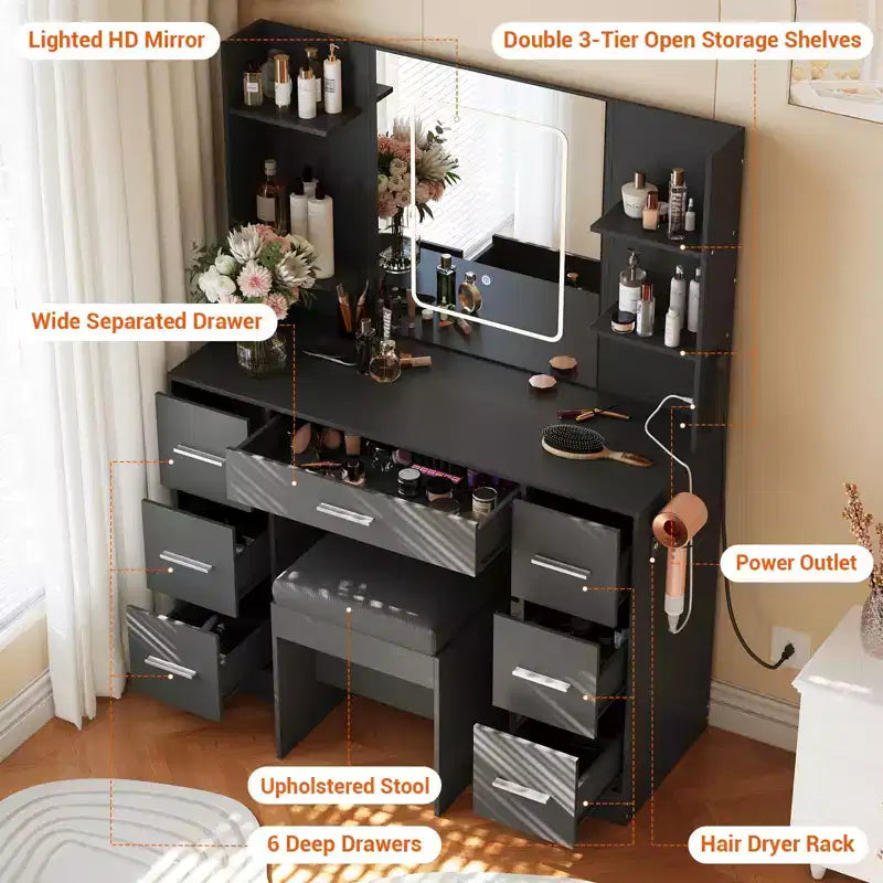 Coiffeuse GustoWave 43 avec miroir et lumière LED, 7 tiroirs, étagères, support pour sèche-cheveux, table de maquillage pour chambre à coucher