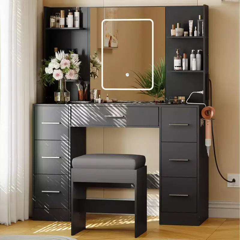 Coiffeuse GustoWave 43 avec miroir et lumière LED, 7 tiroirs, étagères, support pour sèche-cheveux, table de maquillage pour chambre à coucher