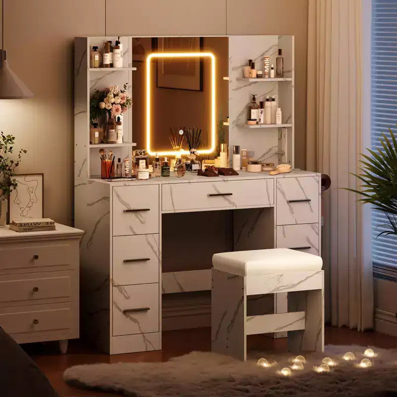 Coiffeuse GustoWave 43 avec miroir et lumière LED, 7 tiroirs, étagères, support pour sèche-cheveux, table de maquillage pour chambre à coucher