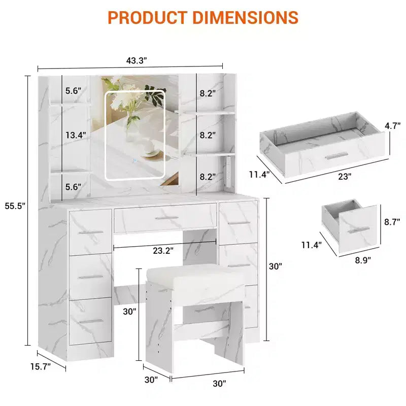 Coiffeuse GustoWave 43 avec miroir et lumière LED, 7 tiroirs, étagères, support pour sèche-cheveux, table de maquillage pour chambre à coucher