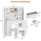 Coiffeuse GustoWave 43 avec miroir et lumière LED, 7 tiroirs, étagères, support pour sèche-cheveux, table de maquillage pour chambre à coucher