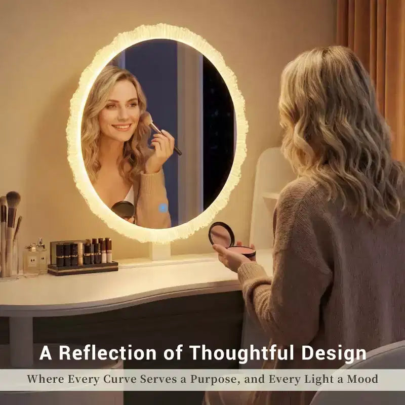 Coiffeuse d'angle de luxe avec miroir rond et lumières, meuble de rangement pour chambre, finition naturelle, éclairage à intensité variable