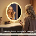 Coiffeuse d'angle de luxe avec miroir rond et lumières, meuble de rangement pour chambre, finition naturelle, éclairage à intensité variable