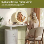 Coiffeuse d'angle de luxe avec miroir rond et lumières, meuble de rangement pour chambre, finition naturelle, éclairage à intensité variable