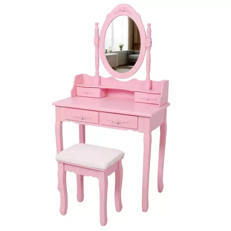 Coiffeuse moderne avec miroir, 4 tiroirs, tabouret assorti pour chambres de filles, finition rose, design peu encombrant