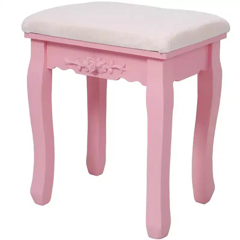 Coiffeuse moderne avec miroir, 4 tiroirs, tabouret assorti pour chambres de filles, finition rose, design peu encombrant