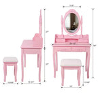 Coiffeuse moderne avec miroir, 4 tiroirs, tabouret assorti pour chambres de filles, finition rose, design peu encombrant