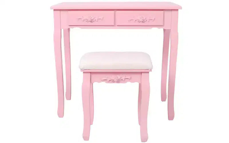 Coiffeuse moderne avec miroir, 4 tiroirs, tabouret assorti pour chambres de filles, finition rose, design peu encombrant