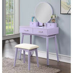 Coiffeuse moderne avec miroir rond, rangement organisé, tabouret assorti pour chambre, finition violette, design compact