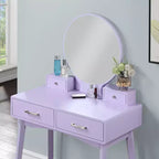 Coiffeuse moderne avec miroir rond, rangement organisé, tabouret assorti pour chambre, finition violette, design compact