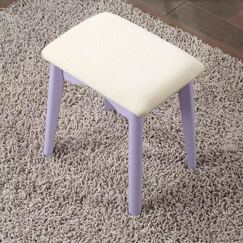 Coiffeuse moderne avec miroir rond, rangement organisé, tabouret assorti pour chambre, finition violette, design compact