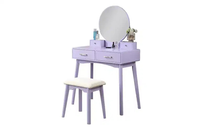Coiffeuse moderne avec miroir rond, rangement organisé, tabouret assorti pour chambre, finition violette, design compact