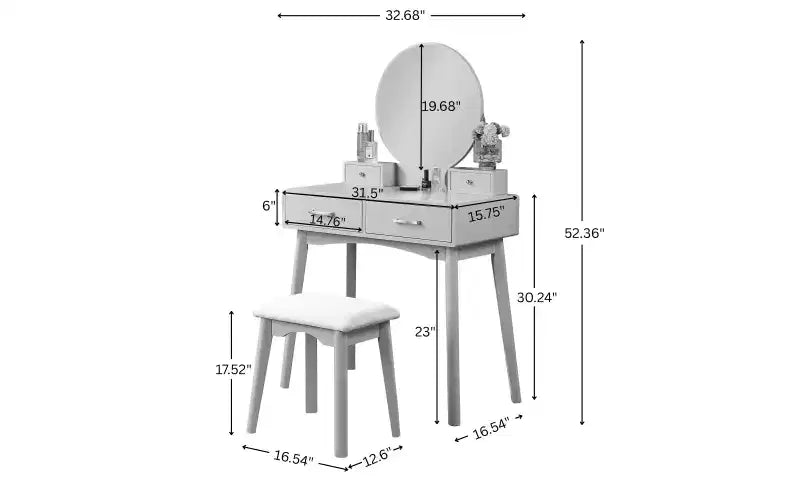 Coiffeuse moderne avec miroir rond, rangement organisé, tabouret assorti pour chambre, finition violette, design compact