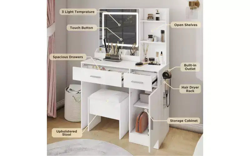 Coiffeuse moderne avec miroir LED, armoire de rangement et étagères, station de charge, tabouret assorti et étagères ouvertes pour chambre à coucher
