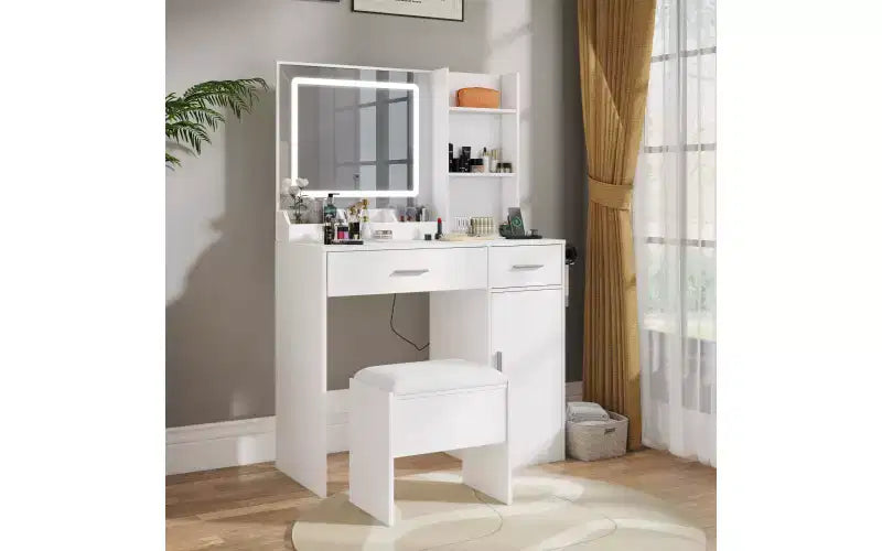 Coiffeuse moderne avec miroir LED, armoire de rangement et étagères, station de charge, tabouret assorti et étagères ouvertes pour chambre à coucher