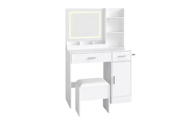 Coiffeuse moderne avec miroir LED, armoire de rangement et étagères, station de charge, tabouret assorti et étagères ouvertes pour chambre à coucher