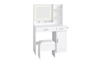 Coiffeuse moderne avec miroir LED, armoire de rangement et étagères, station de charge, tabouret assorti et étagères ouvertes pour chambre à coucher