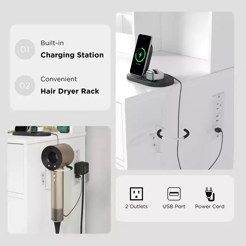 Coiffeuse moderne avec miroir LED, armoire de rangement et étagères, station de charge, tabouret assorti et étagères ouvertes pour chambre à coucher